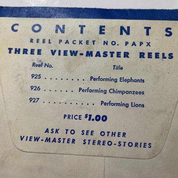 Viewmaster Performing Animals Lions Elephants Sawyers 1951 SEALED 3 reels PAPX - Picture 3 of 5
